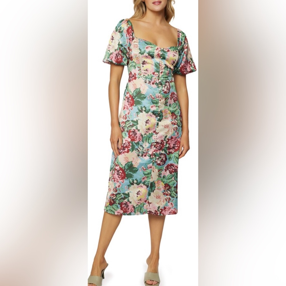 Lost & Wander Tea Party Puff-Sleeve Midi Dress, sz M